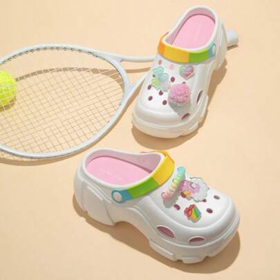 Miniso Care Bears Chunky Platform Clogs - Stylish Pompom Decor, Comfortable Thick Sole, Ideal For Casual And Outdoor Activities(1PC)