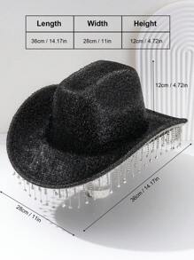 1pc Unisex Rhinestone Tassel Fringed Shiny Cowboy Hat, Creative Punk Style Wide Brim Hat, Suitable As Bridesmaid/Bride Hat, Great For Parties, Western Themed Events, Gatherings, Engagement Parties, Cosplay, Graduations, Masquerade Balls, Festivals, Weddings, Birthdays, Music Festivals, Coming Of Age Ceremonies