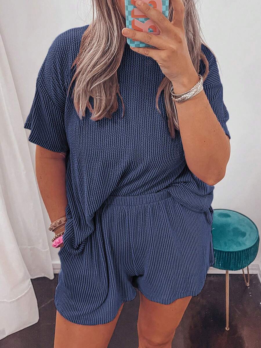 ASVIVID 夏季休闲罗纹针织宽松T恤和短裤套装 - 藏蓝色 - 查看 1