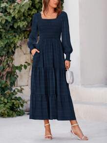 Women's Spring Summer Long Sleeve Dresses Wedding Dresses Elegant Fluffy Long Sleeve Locked Waist Swing Fluttering Long Dresses - Màu xanh hải quân - Xem 1