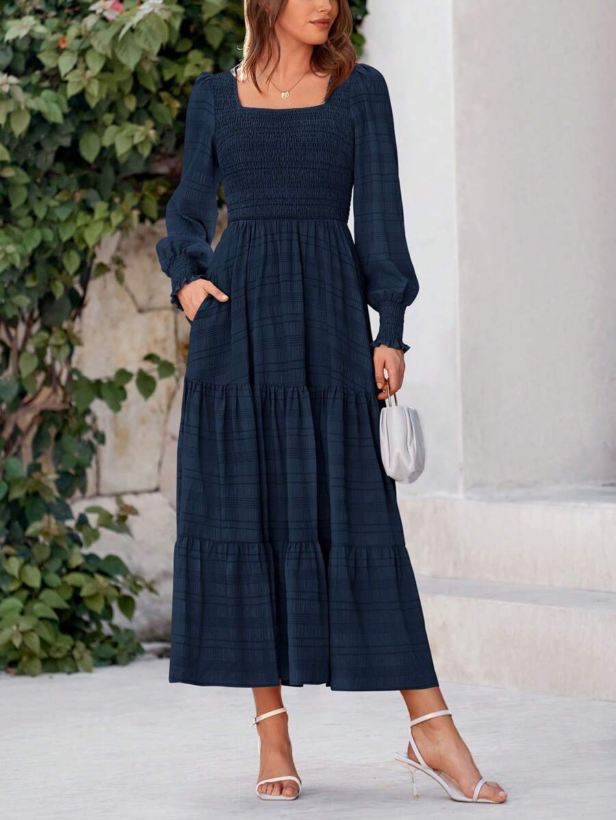 Women's Spring Summer Long Sleeve Dresses Wedding Dresses Elegant Fluffy Long Sleeve Locked Waist Swing Fluttering Long Dresses - Màu xanh hải quân - Xem 1