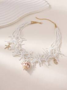 1pc Bohemian Style Pearl & Shell Multilayer Necklace, Suitable For Women Beach Holiday Leisure Accessories - Shell - View 8