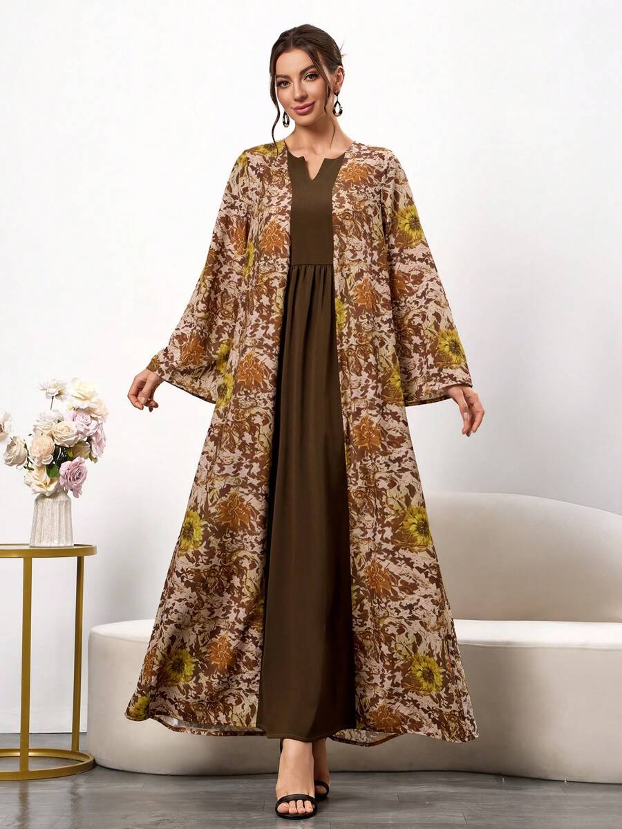 女士日常休闲对称拼接长袖连衣裙，端庄 - 彩色 - 查看 1