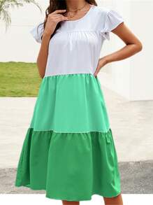 Women Contrast Color Midi Dress Loose Ruffle Sleeve Round Neck Tiered Ruffle Dress Casual Summer Clothes - màu xanh lá - Xem 5