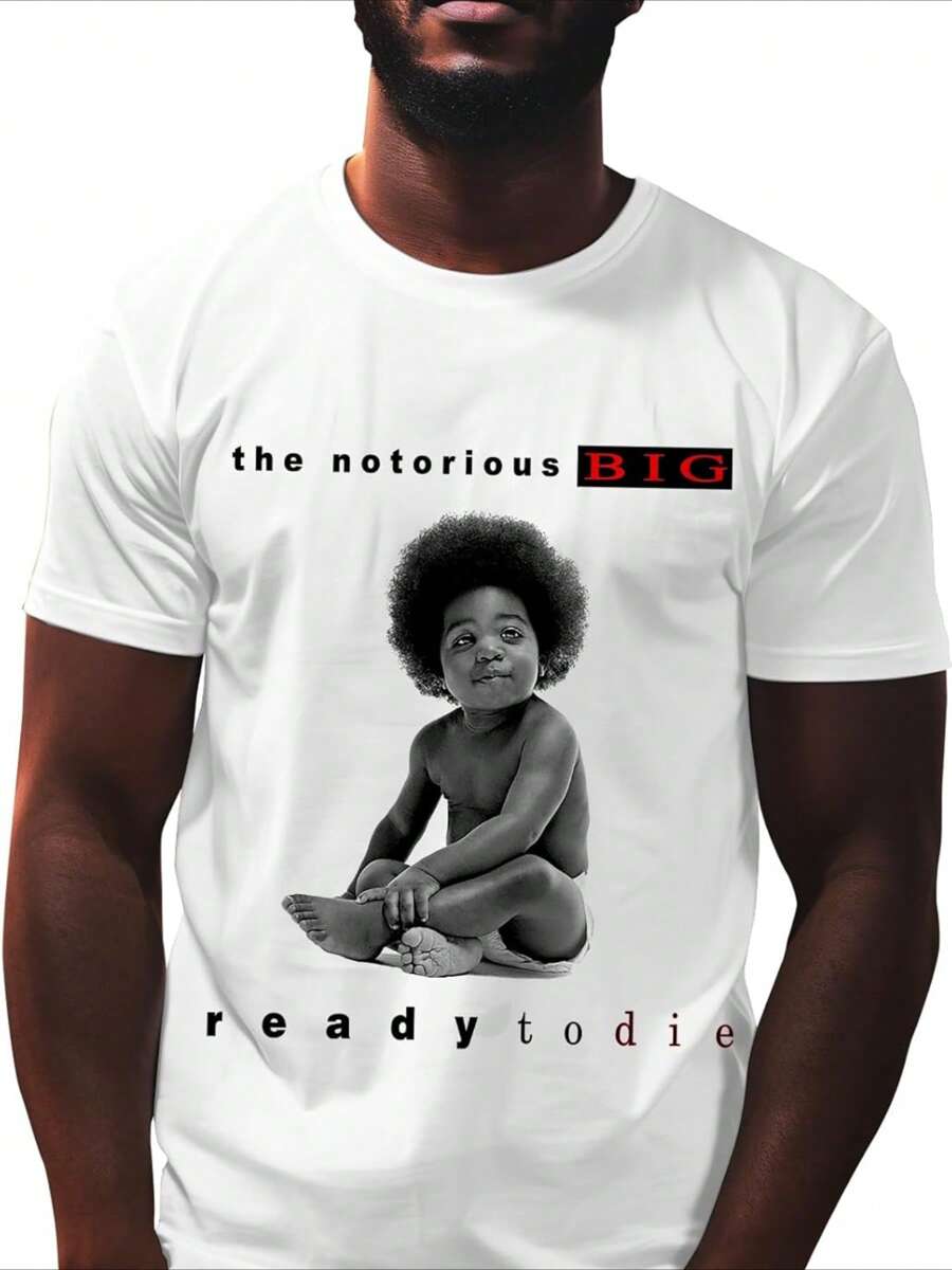 Camiseta para Hombres 1Pcs 220g 100% Algodón Estilo Clásico Estampado Digital con Imagen Infantil de Biggie y Letra Ready to Die - Blanco - Ver 1