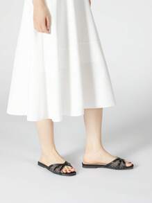 Flat Cross Strap Slippers, Casual Resort Wear, Versatile Square Toe Slide Sandals - Black - View 4