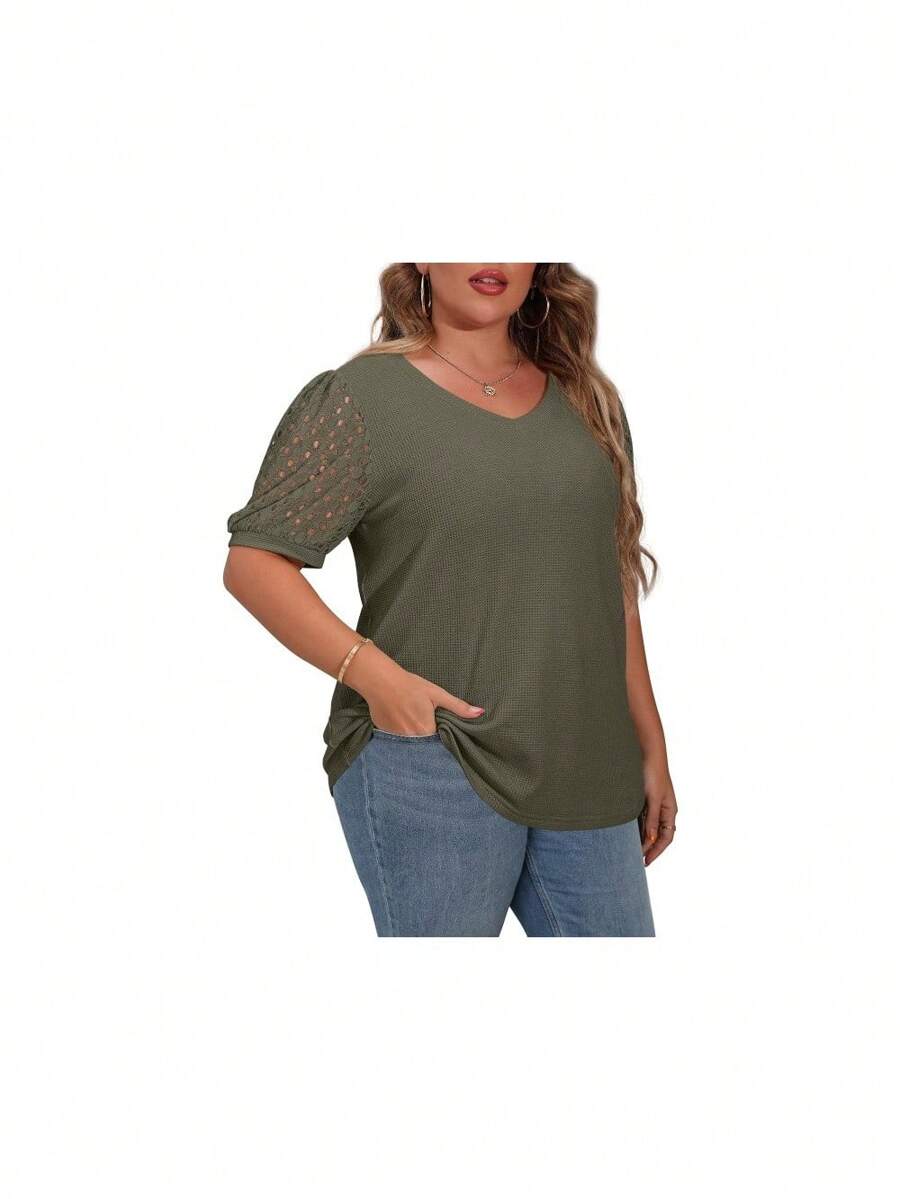 Plus Size Tops For Women Summer Blouse Waffle Knit Short Lace Sleeve Shirts-CWTI - A13-army Green - View 1