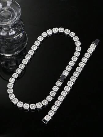 2pcs/Set HIP HOP Men's Chain Shape Inlaid Rhinestone Bracelet Necklace Miami Daily Necklace Party Accessories Perfect Jewelry