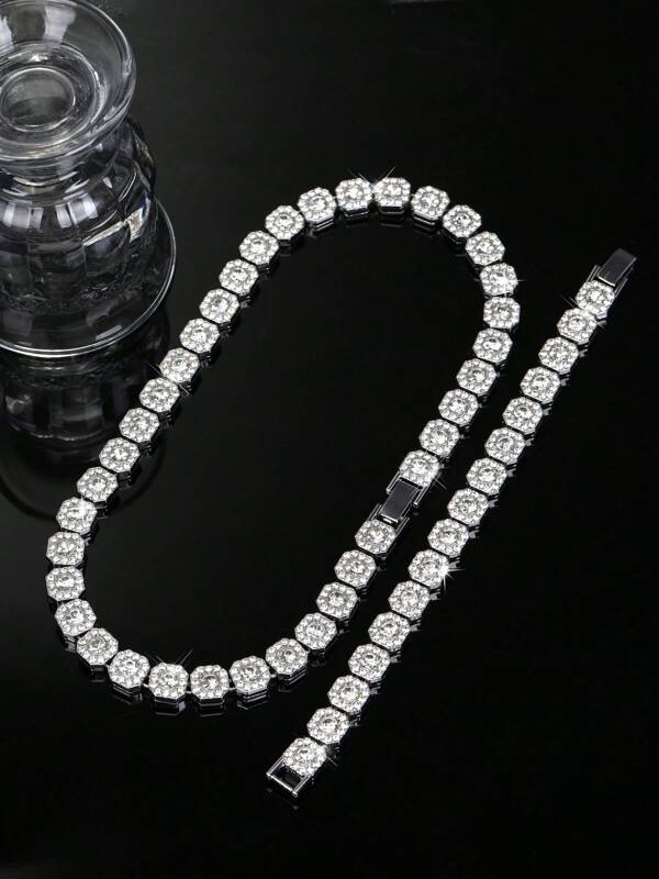 2 pièces/set Bracelet en forme de chaîne incrusté de strass et Collier hip hop pour hommes. Collier Miami quotidien Accessoires de fête Bijoux parfaits