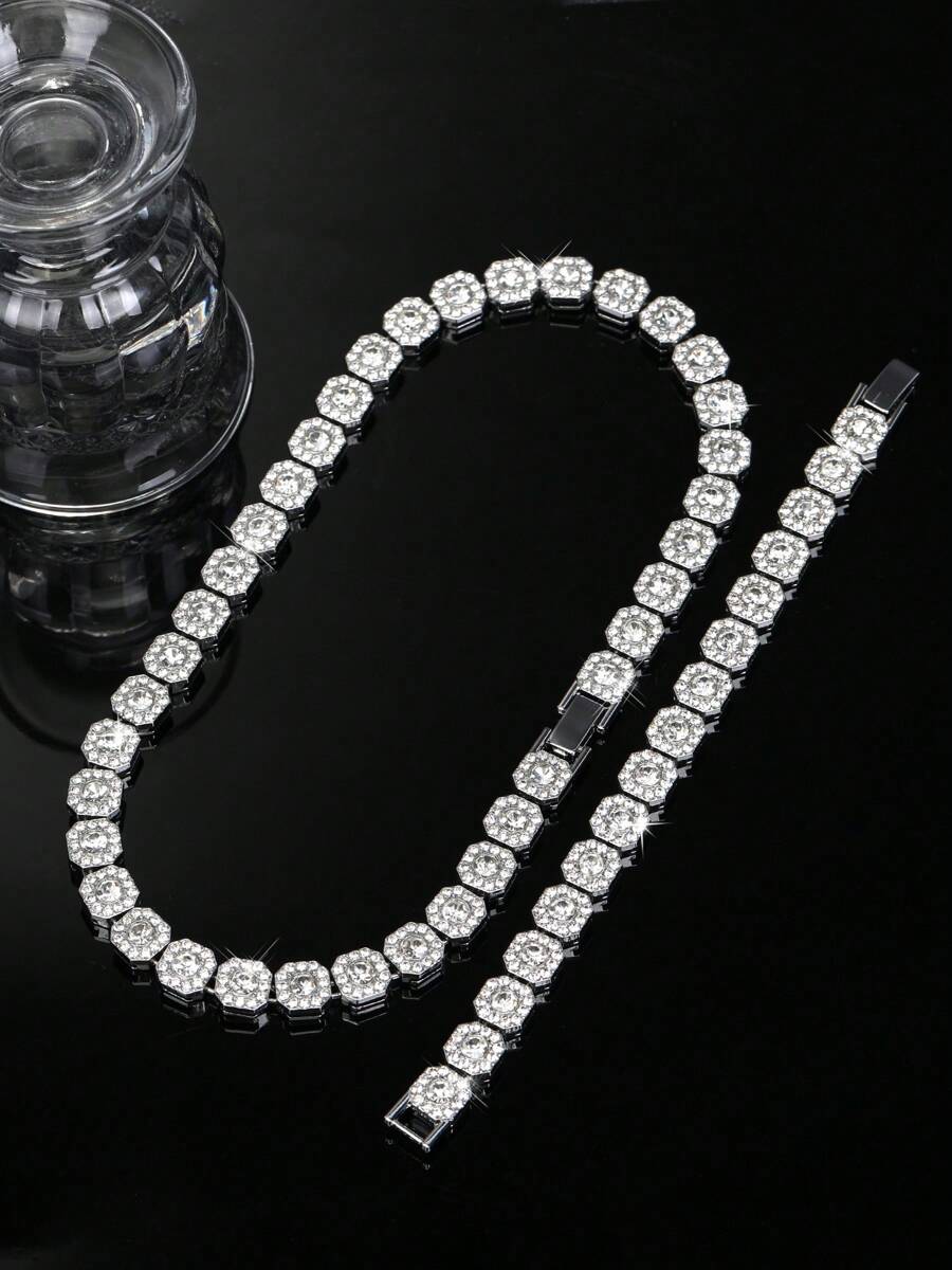 2pcs/Set HIP HOP Men's Chain Shape Inlaid Rhinestone Bracelet Necklace Miami Daily Necklace Party Accessories Perfect Jewelry