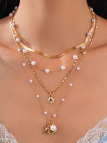 4 Pcs/Set Sexy Ocean Style Metal Starfish Shell Necklace Set Design Faux Pearl Necklace Snake Chain Clavicle Chain ,Suitable For Beach Vacations - Multicolor - View 3