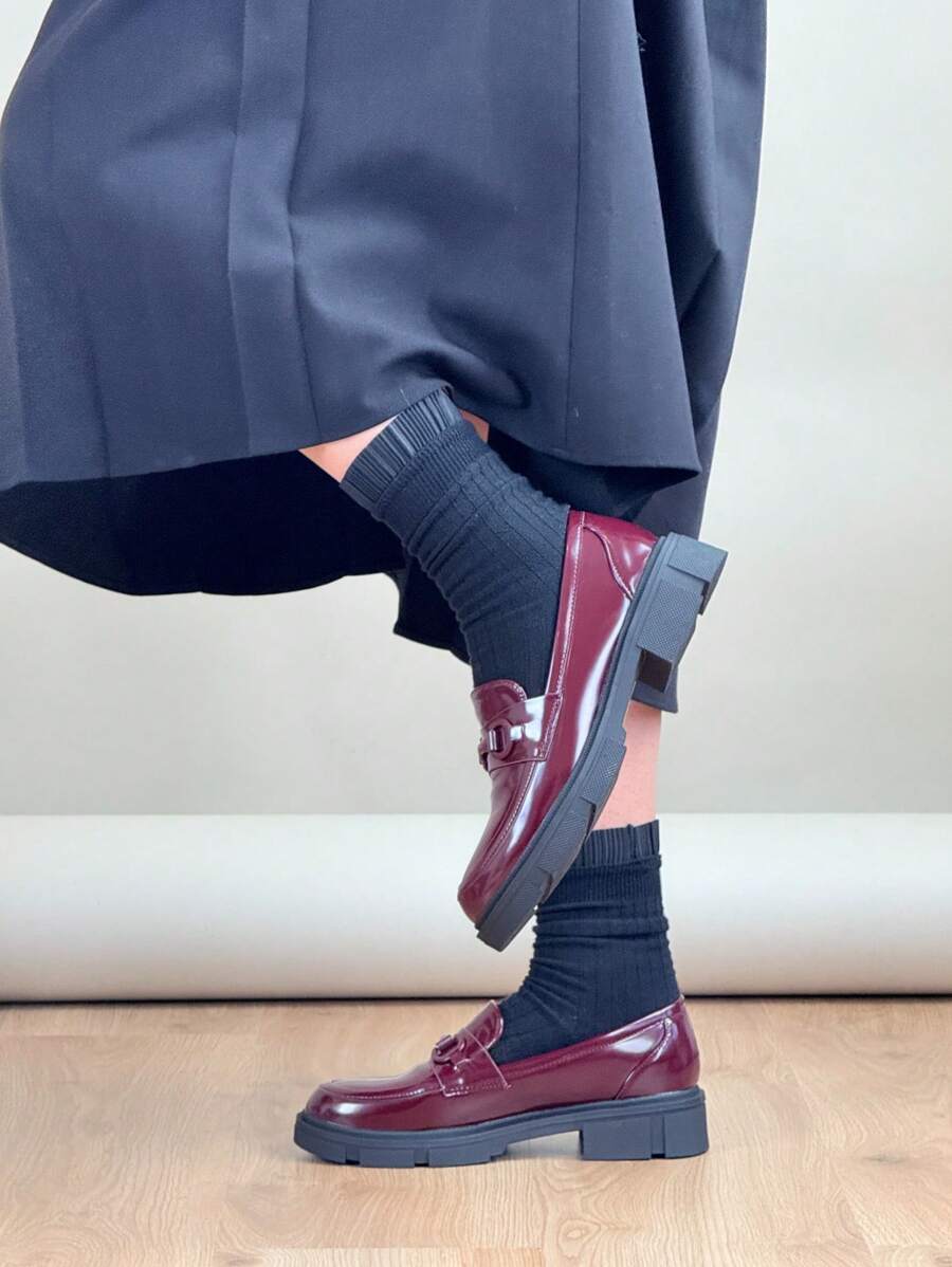 Kleine Lederschuhe im britischen Stil, Slipper mit dicker Sohle für Damen, dicker Absatz, erhöhte Halbschuhe, Mary Jane-Schuhe - Wein - Übersicht 1