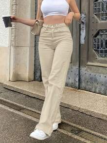 ARWY 女士杏色简约日常修身直筒牛仔裤，纽扣和拉链细节设计，全长，中等弹力面料 - 杏色 - 查看 2