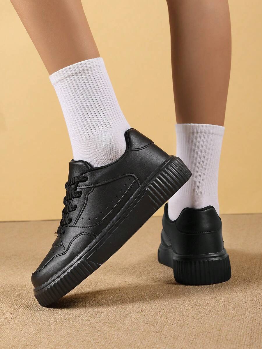 女士户外黑色透气网眼低帮厚底系带滑板鞋，校园风格休闲时尚运动鞋 - 黑色 - 查看 1