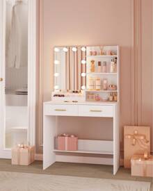 Hzuaneri Dressing Table With Mirror And 10 LED Lights, Vanity Table With 4 Open Shelves And 2 Compartments, Dressing Table With 2 Drawers, For Bedroom, Living Room - White - View 3