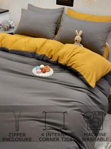 Set de ropa de cama para dormitorio de 3 piezas en gris oscuro y amarillo mostaza, super suave, que incluye 1 funda de edredón y 2 fundas de almohada, lavable a máquina, sin relleno - Gris Oscuro - Ver 7