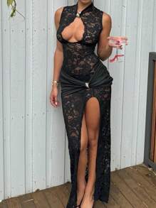 优雅性感镂空蕾丝无袖修身高开衩金属装饰鸡尾酒礼服，圣诞节和新年派对礼服，情人节婚礼黑色春季款 - 黑色 - 查看 2