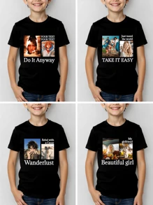 Customized Photo Print T-Shirt For Boys, Upload Your Family/Pet/Selfie/Friend Photos, Personalized Customized T-Shirts For Team/Outdoor/Class, Round Neck Short Sleeve Kids Tee In Black, Customized For Teenagers, Holidays, Birthdays, Anniversaries, Culture Shirts, Party Gifts, Summer Wear, Summer T-Shirts For Youth And Children