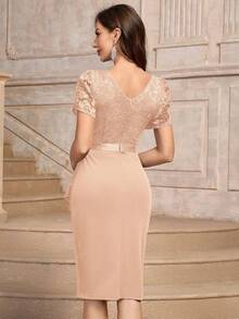 MIUSOL Keyhole Neckline Floral Lace Puff Sleeve Ruffle Trim Cocktail Party Bodycon Dress - Champagne - View 3