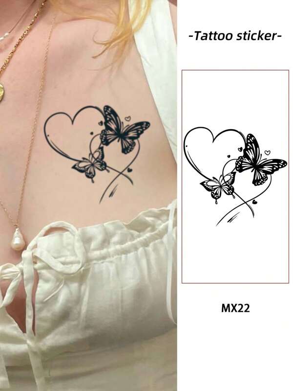 1pc Waterproof Anti-Fade Tattoo Sticker, Realistic Butterfly & Heart Design For Arms, Legs, Suitable For Men & Women, Daily Use