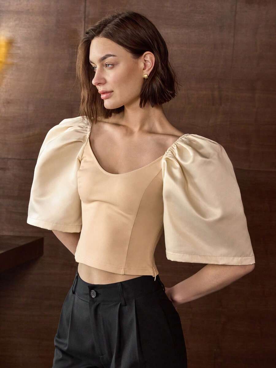 女士纯色优雅泡泡袖V领衬衫 Terno