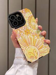 1 pieza Funda de teléfono suave de TPU a prueba de caídas con patrón clásico de sol amarillo y garabatos, compatible con 16/16 PLUS/16 PRO/16 PRO MAX