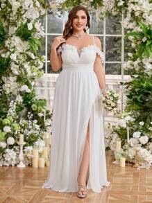 Váy UNITHORSE cỡ lớn cổ chữ V, viền ren, thiết kế nhún ở ngực và eo, váy xòe hở tà thanh lịch cho đám cưới, cô dâu, trang phục dự tiệc toàn màu trắng dành cho nữ - trắng - Xem 4