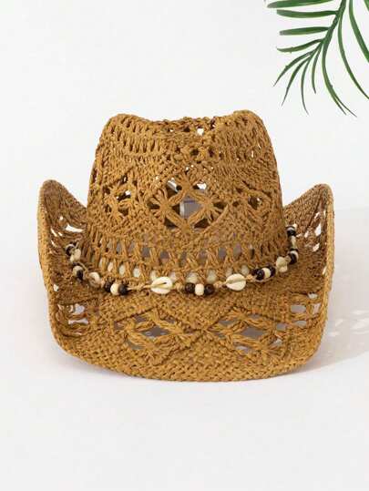 1 pieza Sombrero de paja bohemio con diseño calado de conchas, sombrero vaquero occidental para playa, adecuado para mujeres en verano, vacaciones, regreso a la escuela, atuendo, fiesta en el campus