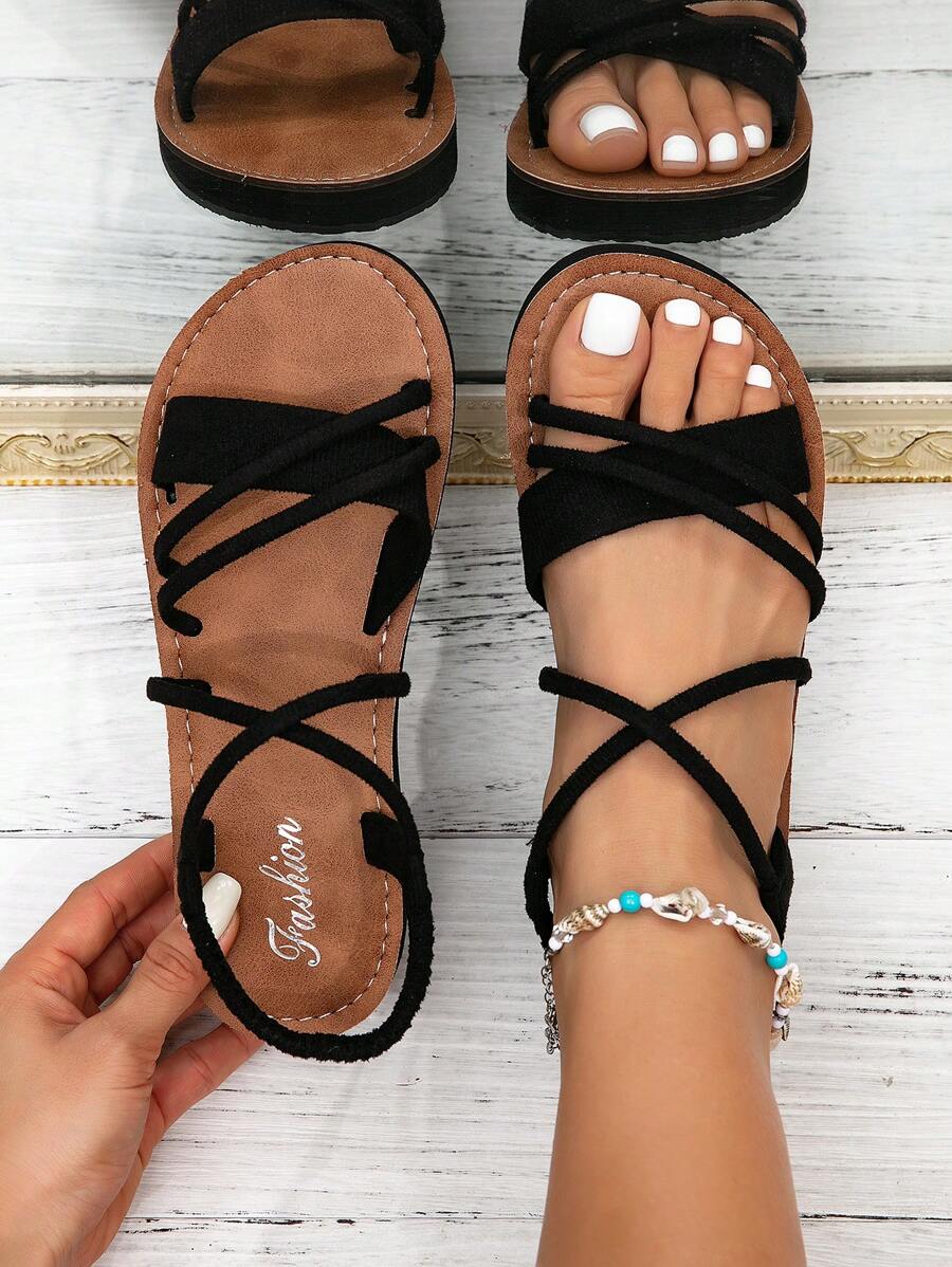 Stylish Women's Sandals, New Fashion Ladies Shoes, Beach Style Criss-Cross Strap Black Slides - Black - View 1