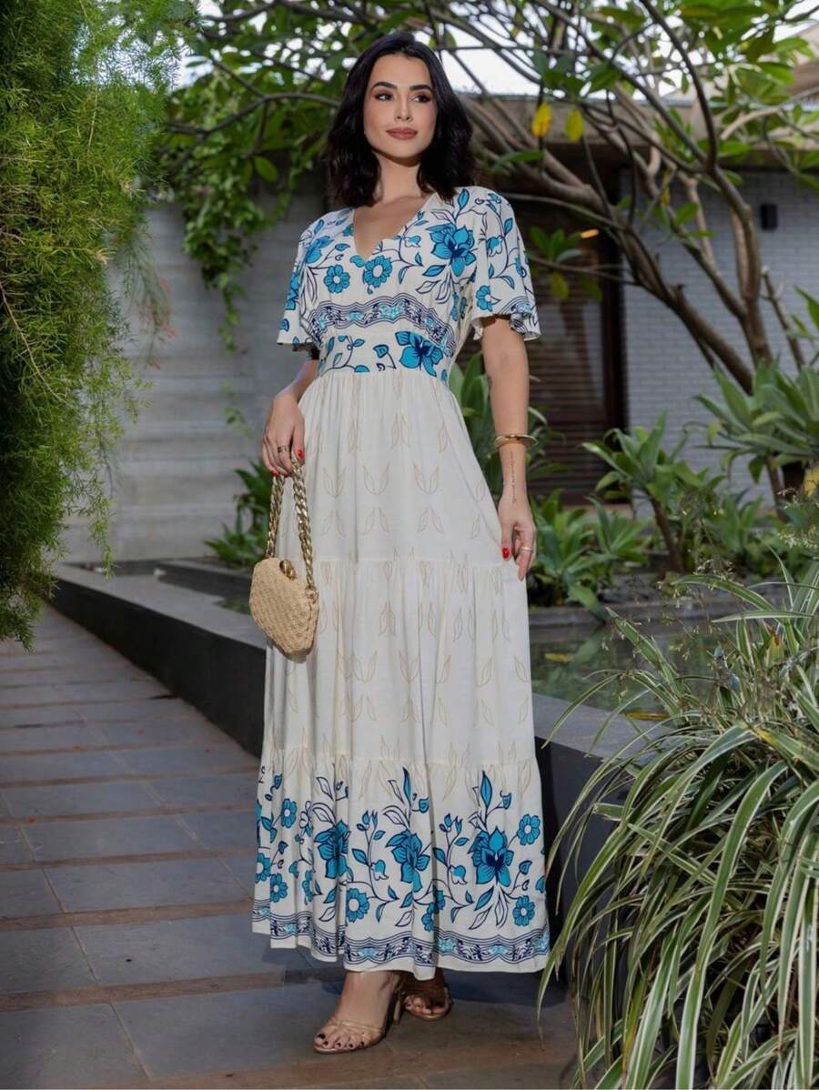 Luxury Long Dress In Printed Viscose With Flare Sleeves - 查看 1