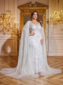 UNITHORSE Plus Size Women Sweetheart Collar, Batwing Sleeve, Sequins Embroidery, Lace Mesh Patchwork White Mermaid Wedding Dress Gown,Bride, All White Party Outfit Women - White - View 5