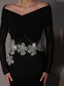 Modphy New Handmade Beaded & Rhinestone Embellished 3D Flower Sexy Off Shoulder Long Sleeve Bodycon Dress, Elegant For Wedding Guest, Holiday Party, Formal Evening Gown