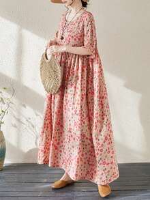 AZAH 2026新款优雅连衣裙，女士大码休闲度假连衣裙，圆领短袖宽松摆裙，波西米亚风沙滩裙，粉色碎花连衣裙，母亲节礼物 - 粉色 - 查看 3