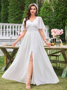 UNITHORSE Vestido de novia de lujo con volantes, adornos de cuentas en la cintura, silueta acampanada, vestido de novia elegante para la boda