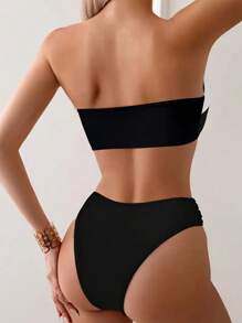 Ensemble de bikini réversible sans bretelles pour femmes, en tissu tricoté de polyamide haute élasticité, couleur unie avec détails de volants, maillot de bain de plage mode noir et blanc - Noir et Blanc - Voir 2