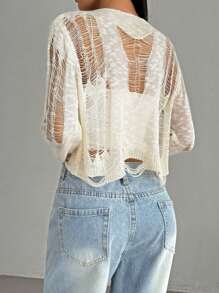 Casual Asymmetrical Ripped Women Knitted Sweater - Beige - View 3