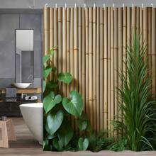 1pc Vertical Bamboo Fence Bathroom Curtain With Green Plants, Smooth Beige Bamboo With Rustic Heart Shaped Leaves And Grass, Peaceful Tropical Atmosphere, Polyester Shower Curtain With 12 Hooks, 70x70 Inches Home Bathroom Decor Fall Decor Bathroom Accessories Back To School