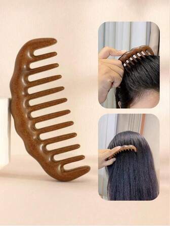 1pc Sandalwood Wide-Tooth Comb, Natural Wooden Massage Brush, Thick Teeth Anti-Static Hair Brush Suitable For Curly, Wavy And Straight Hair, Women Grooming Tool
