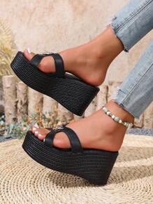 Women's Simple Waterproof Platform Leopard Buckle Black Thick Bottom Wedge Sandals Solid Color Snake Skin Shiny Fashion Comfortable Open Toe Black Slides New Summer Charming High-End Round Toe Thick Bottom Sandals Casual Women's Shoes Suitable For Vacations And Indoor Wear Slip-On Elegant Breathable Cool Black Slippers Convenient Slip-On Campus Thick Bottom Shiny Sandals Sexy Women's Shoes Suitable For Outdoor And Beach Entertainment