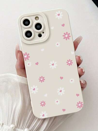 Flower Phone Case1pc Perforated Straight Edge Heart & Ditsy Floral Thickened Anti-Drop Painted Phone Case Compatible With Iphone 16/16Pro/16Plus/16ProMax, IPhone 15ProMax, IPhone P13, P14, P11, P12, XS, XR, 7&8, 7&8 Plus, Galaxy S2 Waterproof Shockproof Scratch Resistant
