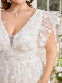 UNITHORSE 加大码甜心领盖袖飘逸花卉网眼覆盖开衩下摆轻盈婚纱晚礼服新娘全白派对装女士