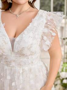 UNITHORSE UNITHORSE Plus Size Sweetheart Collar Cap Sleeve Ethereal Floral Mesh Overlay Slit Hem Lightweight Wedding Dress Evening Gown,Bride, All White Party Outfit Women