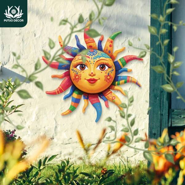 Putuo Decor 1pc 2D Flat Sun Shaped Metal Sign Outdoor Garden Decoration, Outdoor Garden Wall Art Decor For Home Farmhouse Living Room Yard Flower Garden Backyard, Gift