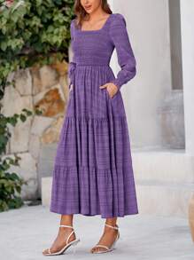 Women's Spring Summer Long Sleeve Dresses Wedding Dresses Elegant Fluffy Long Sleeve Locked Waist Swing Fluttering Long Dresses - 紫色 - 查看 4