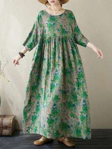 AZAH 2026新款加大码女式绿色碎花A字连衣裙，半袖蝙蝠袖V领带口袋，梭织面料，优雅度假风 - 綠色 - 查看 3