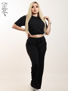 Camiseta de cuello redondo y mangas estilo murciélago y pantalones con cordón en la cintura - Caoba / Negro - Ver 6