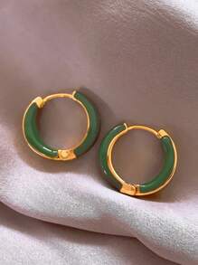 1 对简约几何圆形绿滴油设计优雅奢华女士环形耳环 - 綠色 - 查看 6