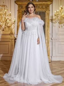 UNITHORSE UNITHORSE Plus Size Off Shoulder Batwing Sleeve Open Back Lace Embroidery Mesh Contrast White Wedding Dress Gown, Bride Dress, Birthday Women Outfits, Graduation Dress, Formal Dress, All White Party Outfit Women