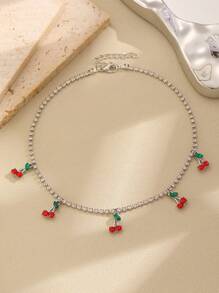 1pc Women's Sweet Style Adjustable Cherry Zirconia Pendant Necklace, Suitable For Daily Wear