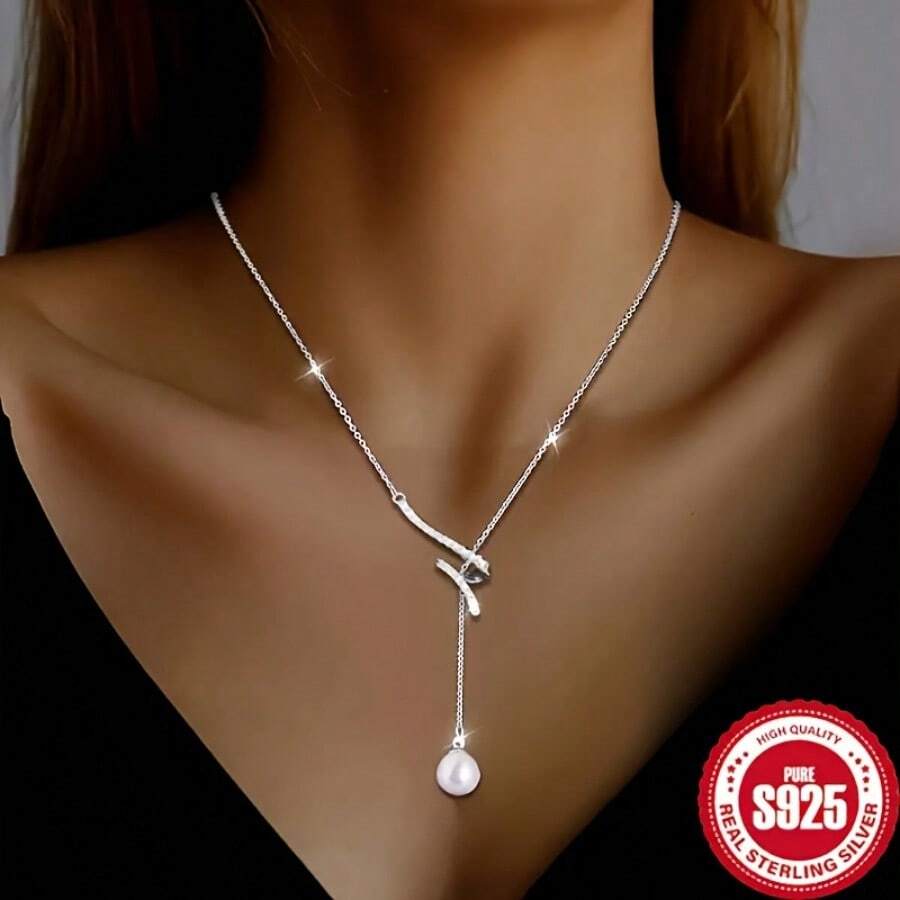 925 Sterling Silvery Luxury Pearl Y-Shaped Women's Necklace - Hypoallergenic, Durable And Long-Lasting, Perfect For Christmas Gifts Or Dinner Party Accessories, Elegant And Exquisite Designsilvery - [silvery] - View 1